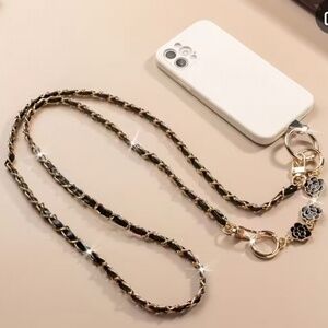 NIB Long Crossbody Camellia Cell Phone Strap Chain Metal Faux Leather Black/Gold